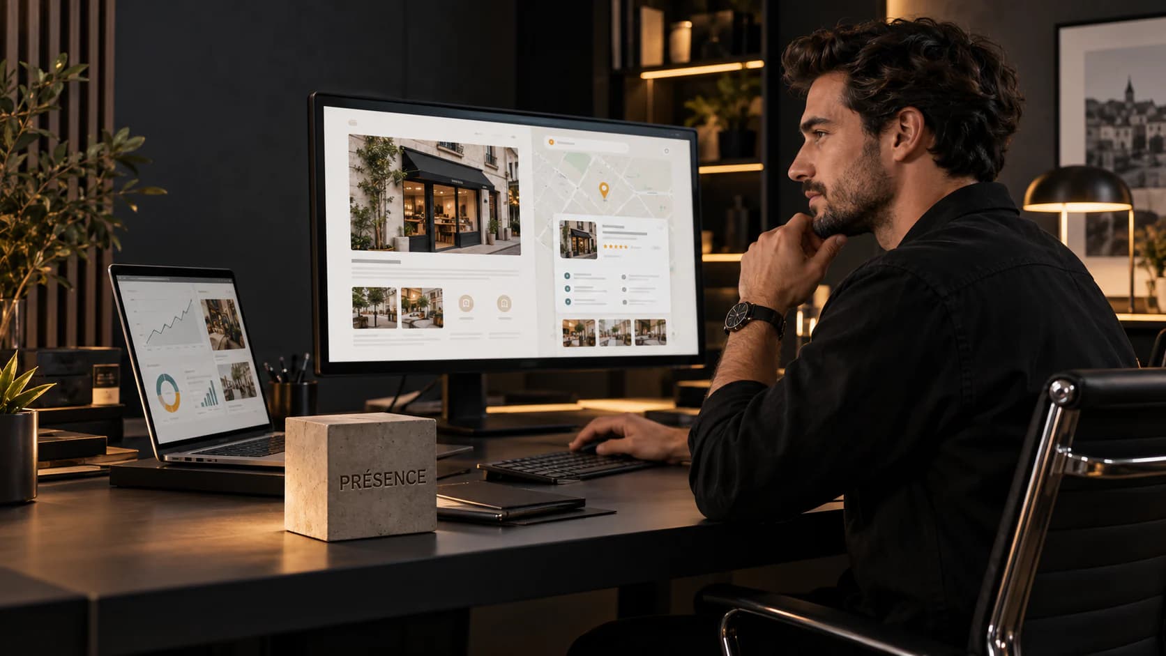 Écran affichant le site et la fiche Google d'un commerce local, avec un cube gravé « Présence » posé sur le bureau.