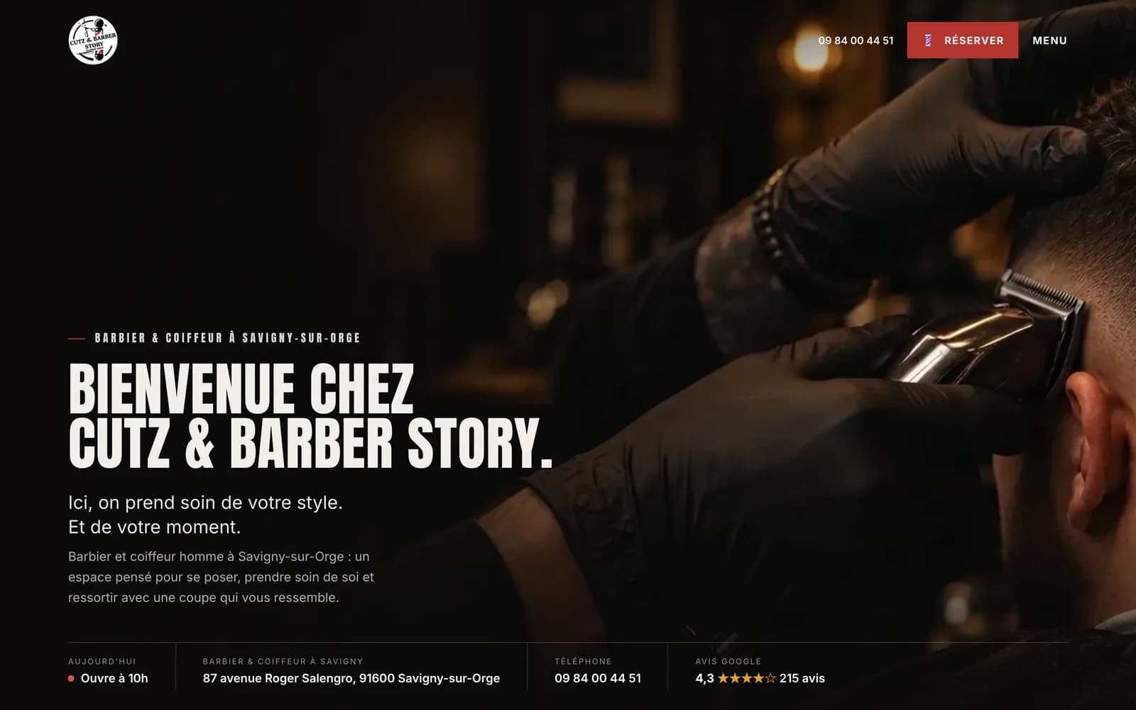 Page d'accueil du site CUTZ Barber sur écran d'ordinateur : barbier et coiffeur à Savigny-sur-Orge, bouton Réserver