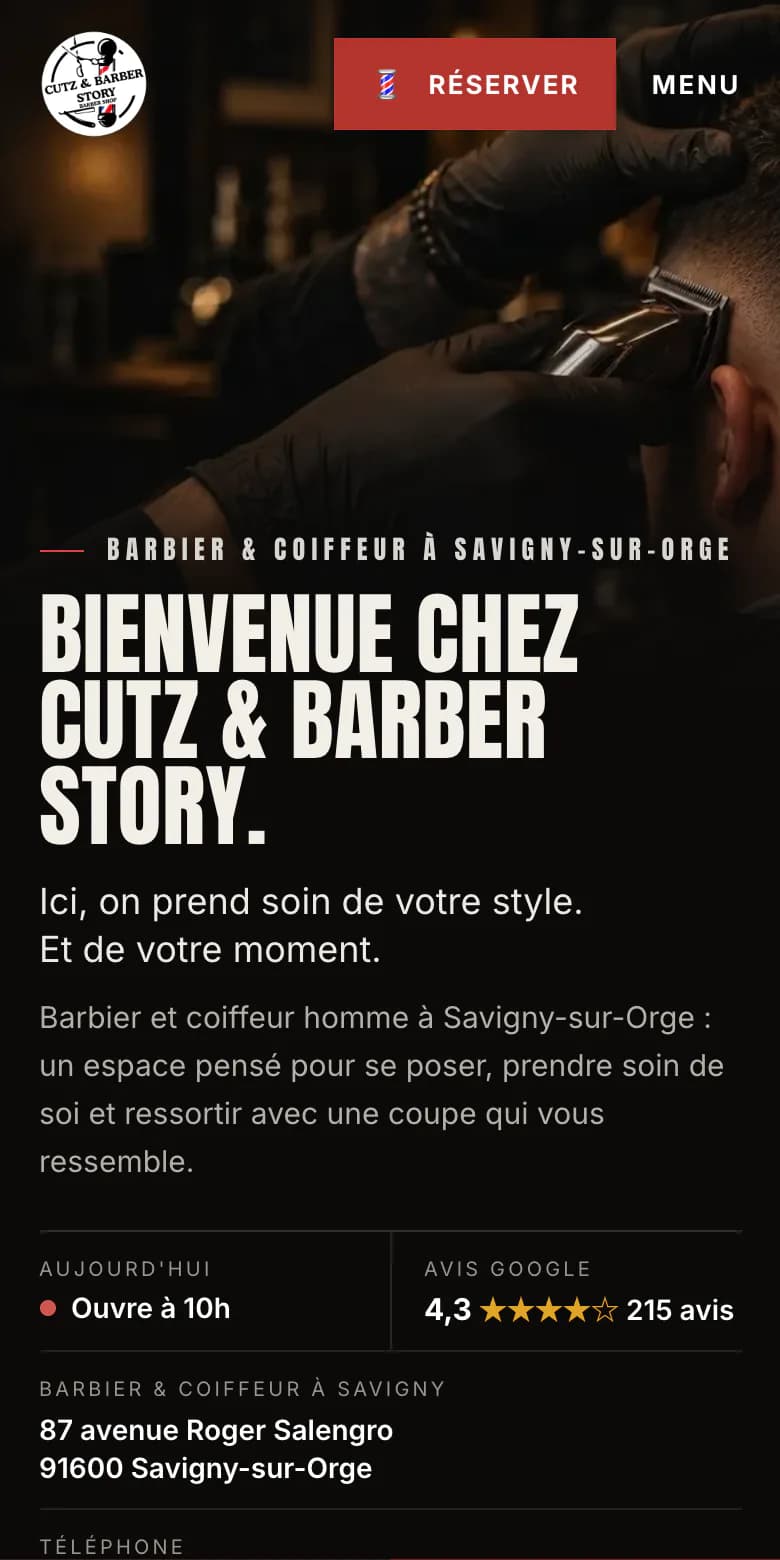 Page d'accueil du site CUTZ Barber sur mobile