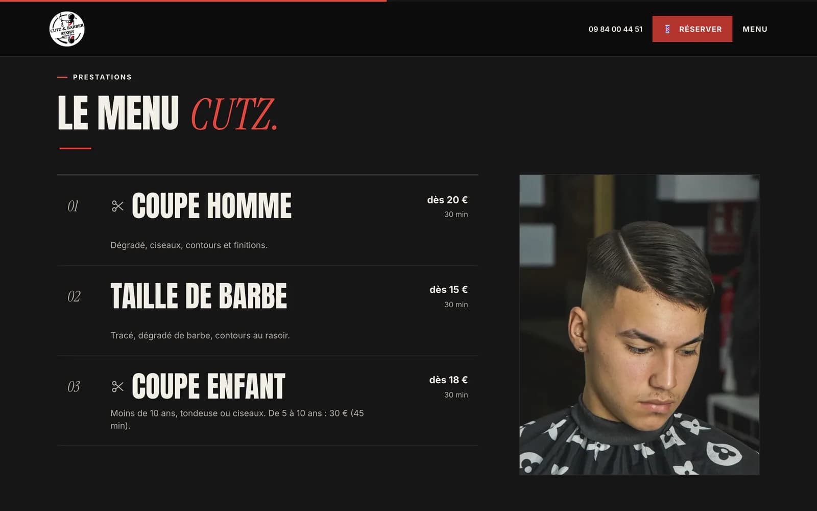 Section « Le menu CUTZ » du site CUTZ Barber : coupe homme, taille de barbe et coupe enfant, avec tarifs et durées
