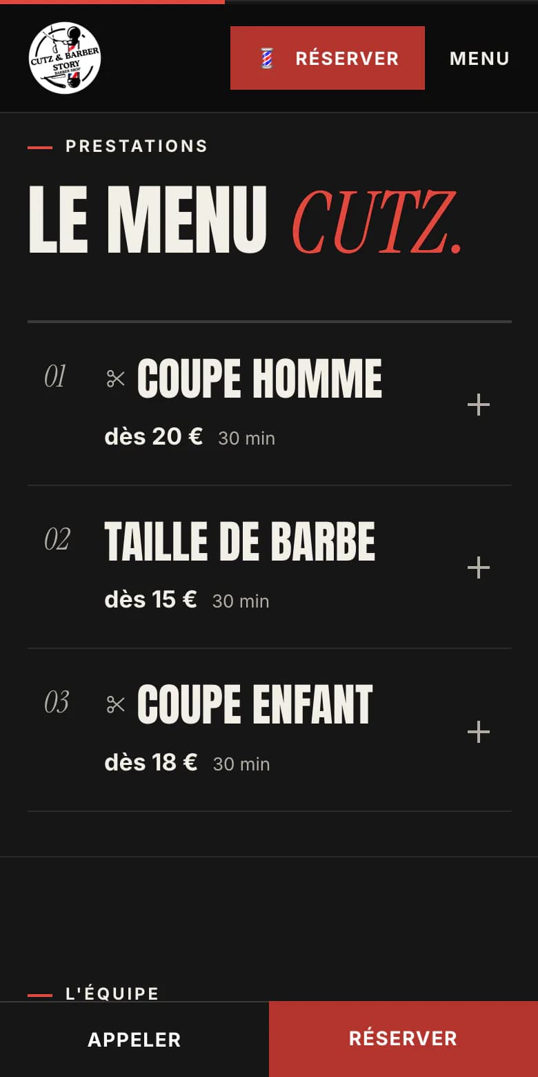 Site CUTZ Barber sur mobile : prestations et tarifs, avec la barre fixe Appeler et Réserver