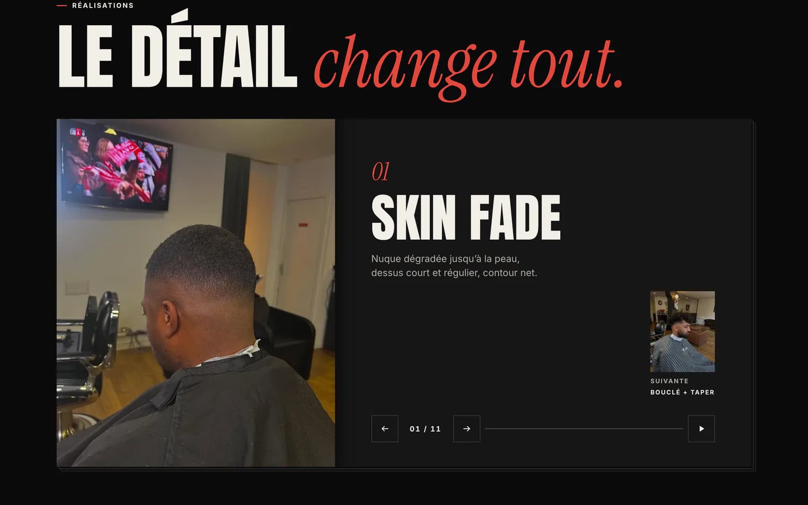 Section « Le détail change tout » du site CUTZ Barber : portfolio des coupes, ici un skin fade, réalisation 1 sur 11