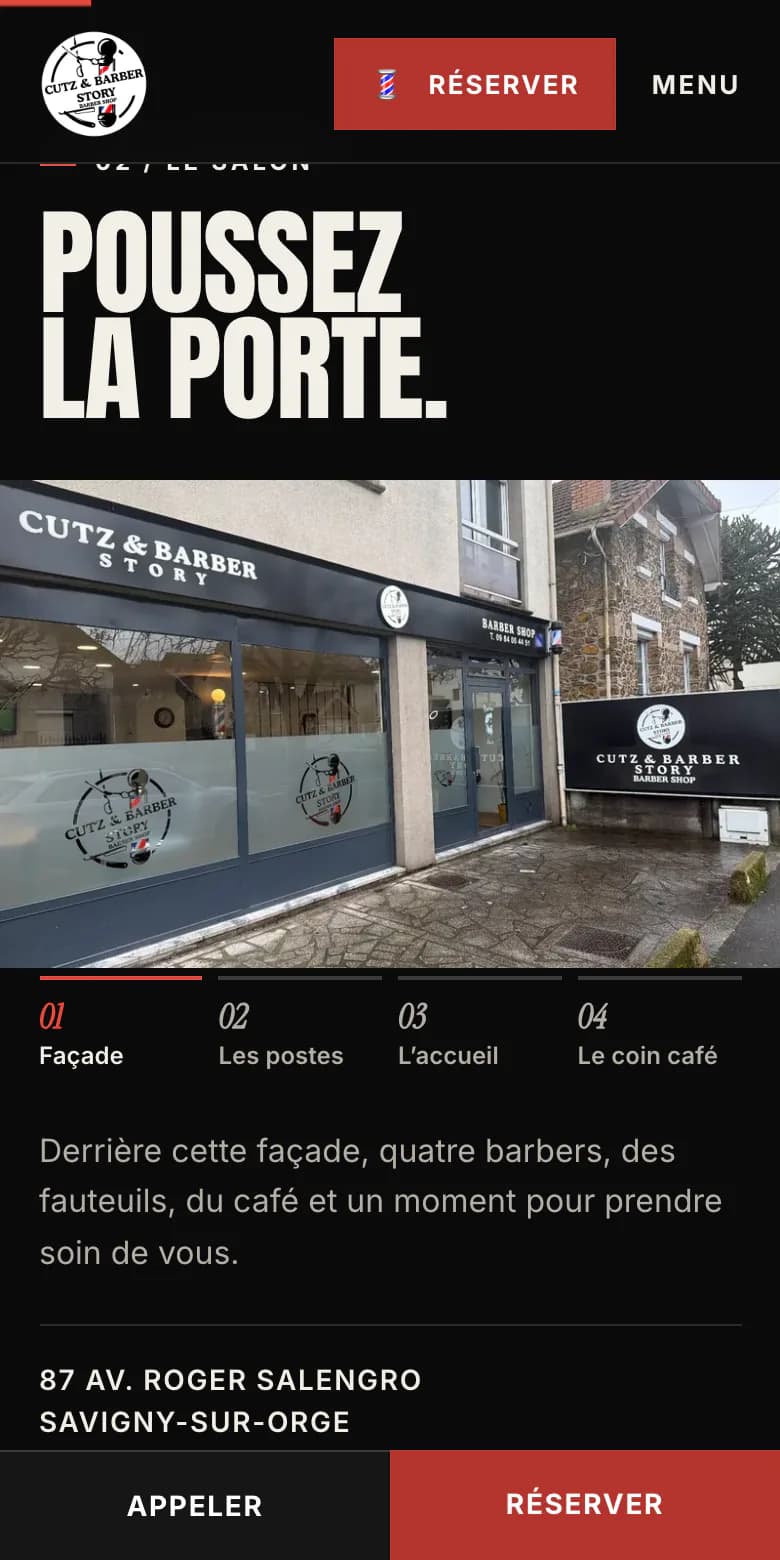 Site CUTZ Barber sur mobile : visite du salon, vue de la façade