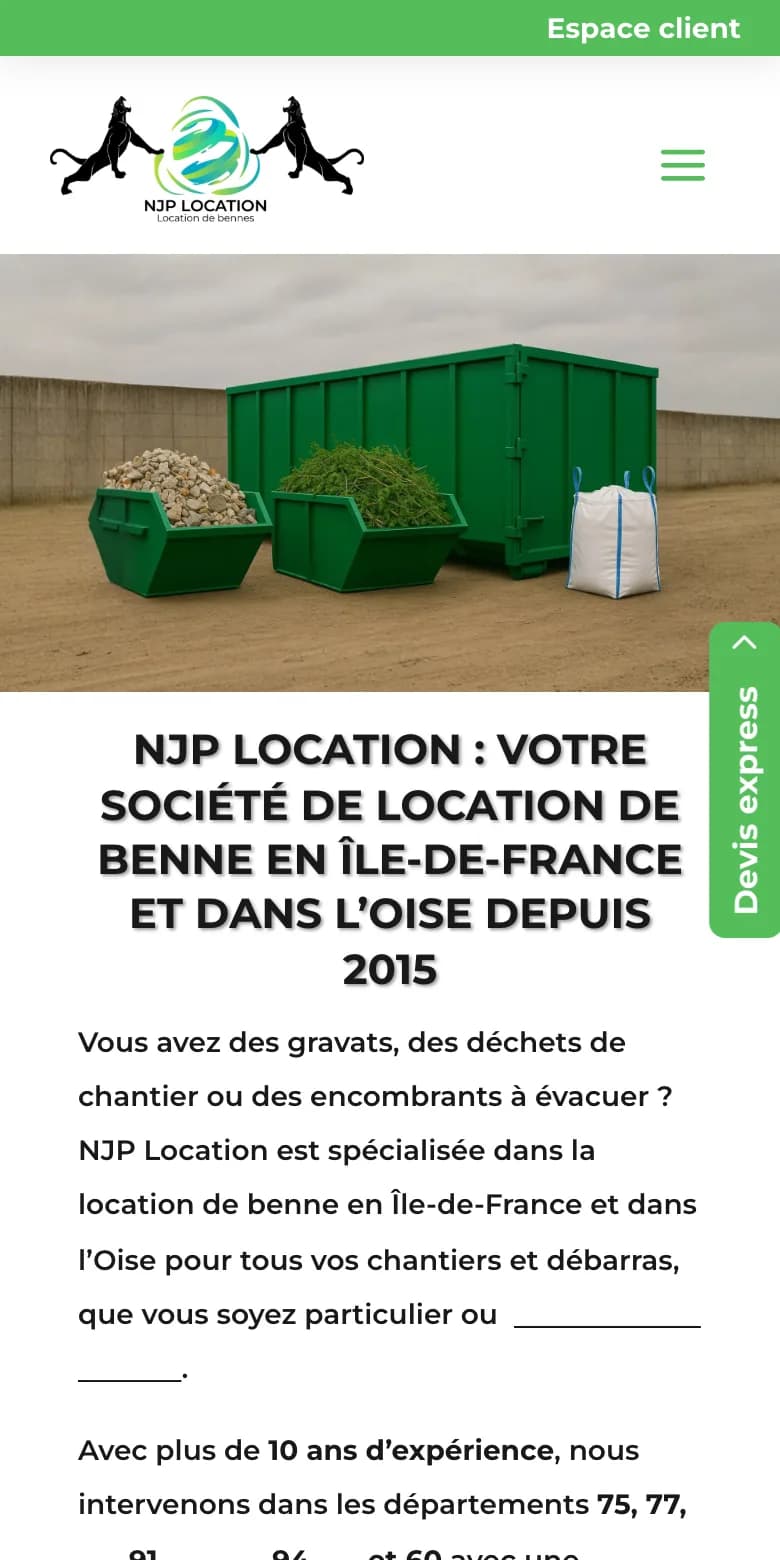 Page d'accueil du site NJP Location sur mobile