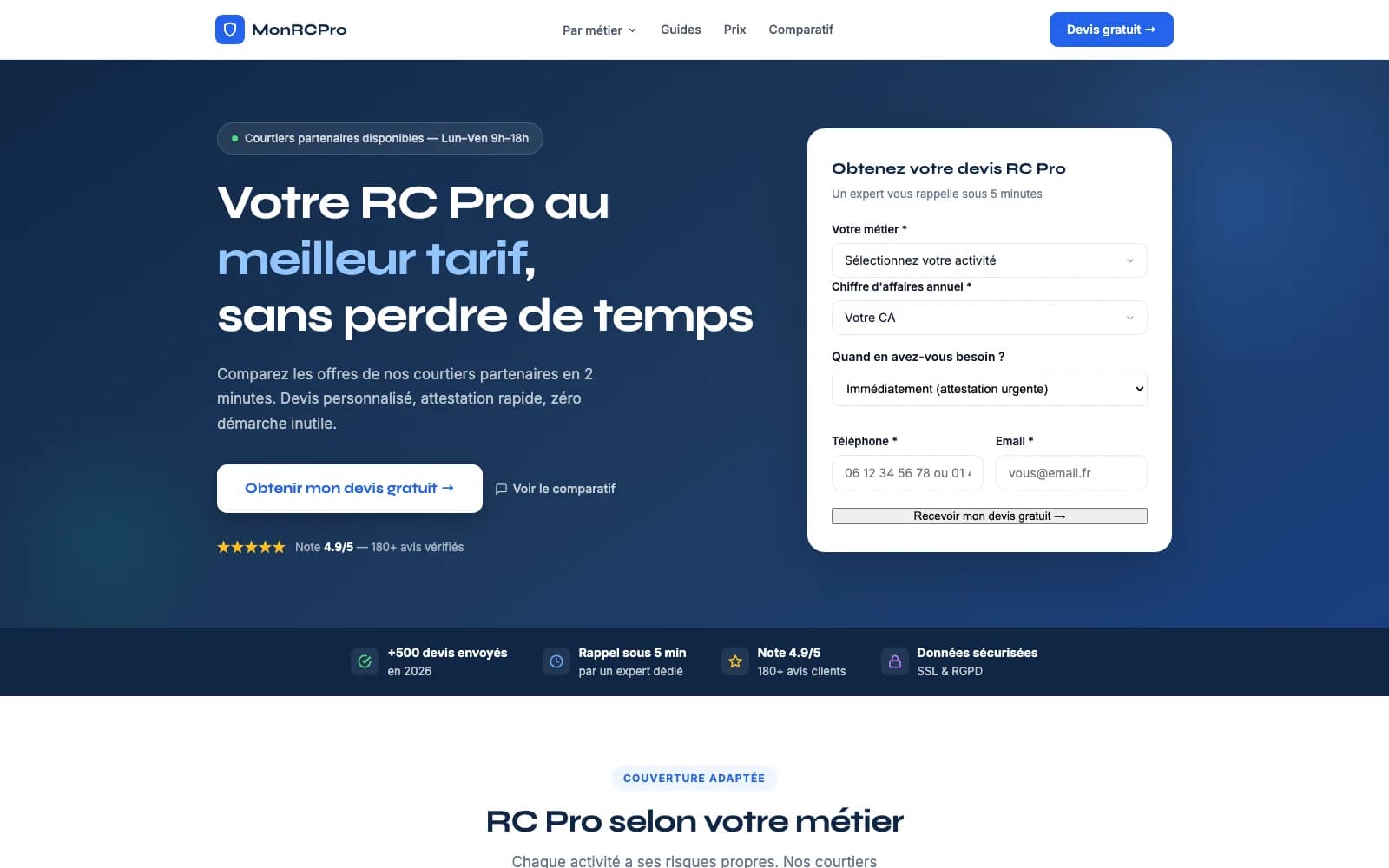 Page d'accueil de MonRCPro sur écran desktop