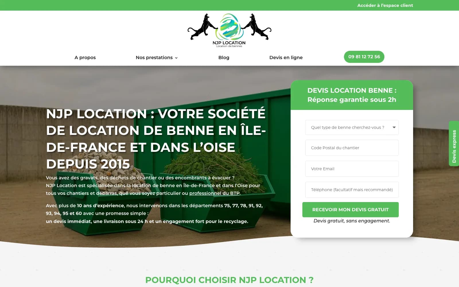 Page d'accueil du site NJP Location sur écran desktop : location de benne en Île-de-France et dans l'Oise, avec formulaire de devis