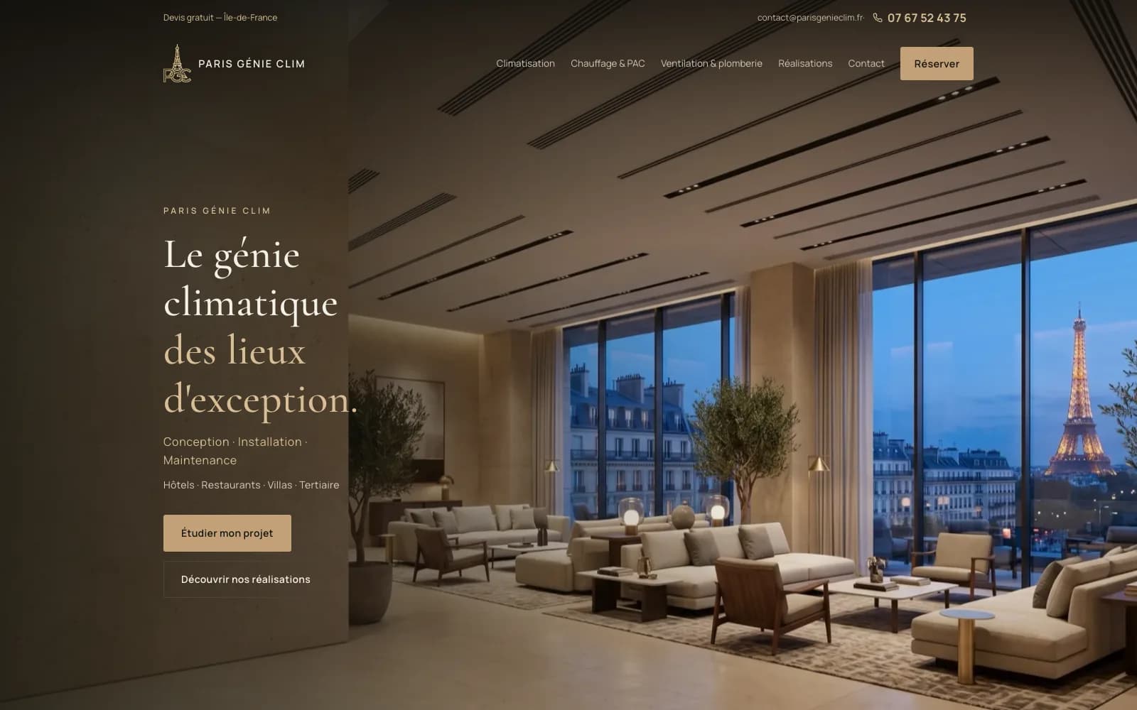 Page d'accueil du site Paris Génie Clim sur écran desktop