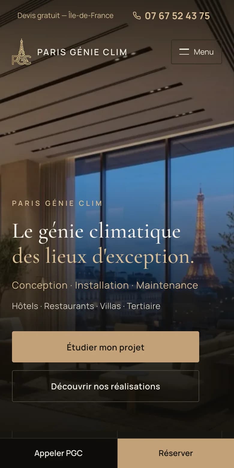 Page d'accueil du site Paris Génie Clim sur mobile