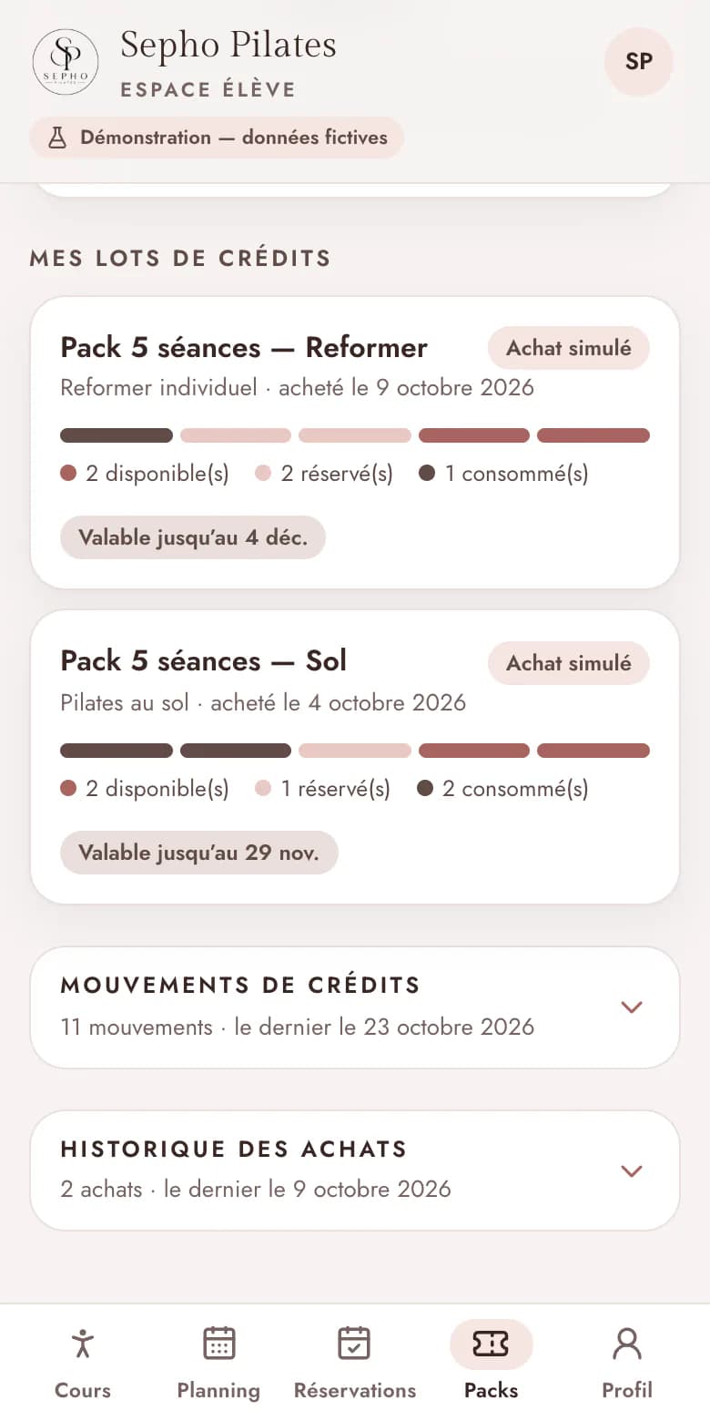 Lots de crédits d'une élève dans l'application Sepho Pilates sur mobile : séances disponibles, réservées et consommées, avec leur date de fin (données fictives)